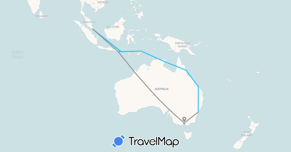 TravelMap itinerary: plane, boat in Australia, Indonesia, Singapore, East Timor (Asia, Oceania)